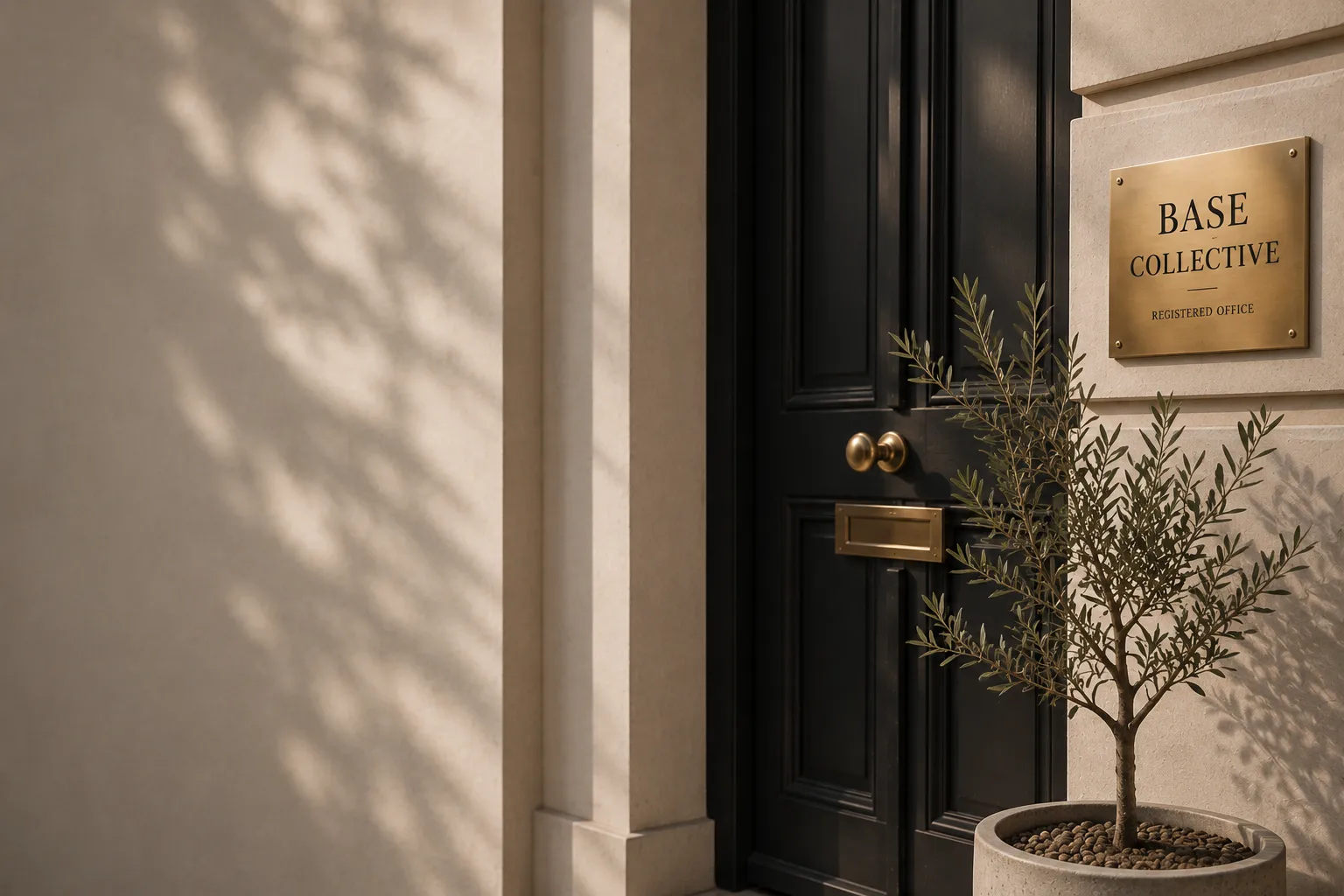 Elegant business privacy and registered office address concept featuring a premium stone building entrance, black door, brass plaque and olive tree planter in warm natural light.
